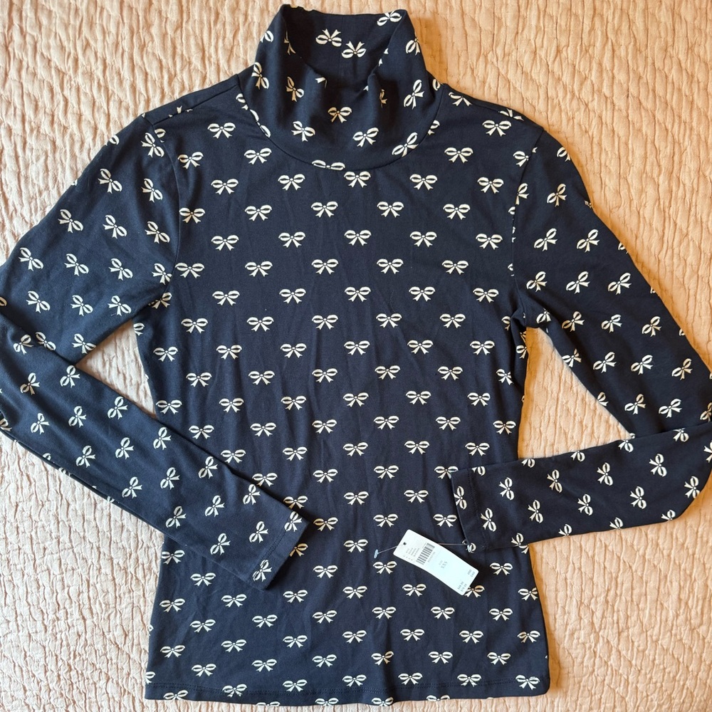 NWT Maeve Anthropologie Printed Long-Sleeve Turtleneck Top, Black & Cream Bows